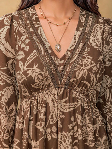 Boho Floral V Neck Midi Dress