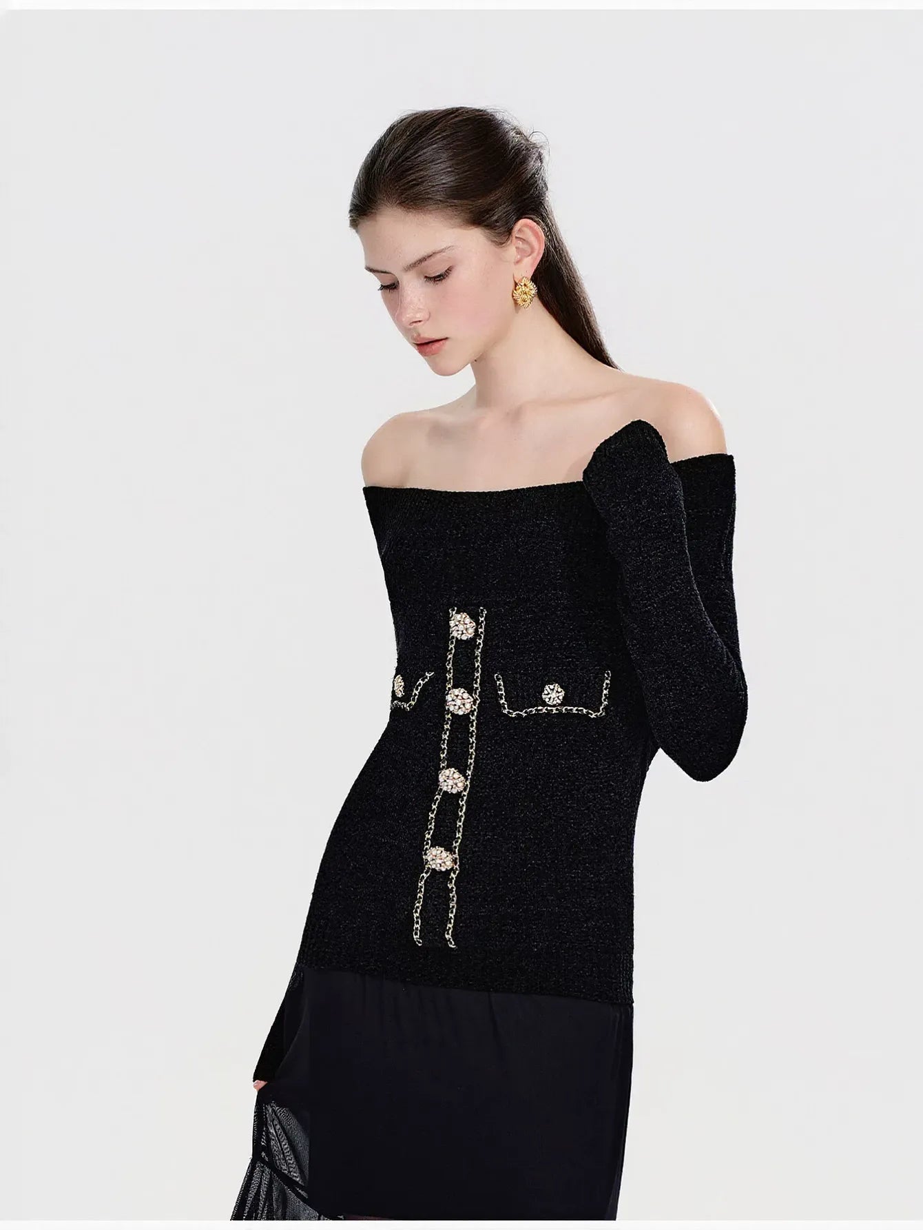 Off Shoulder Embellished Knit Sweater
