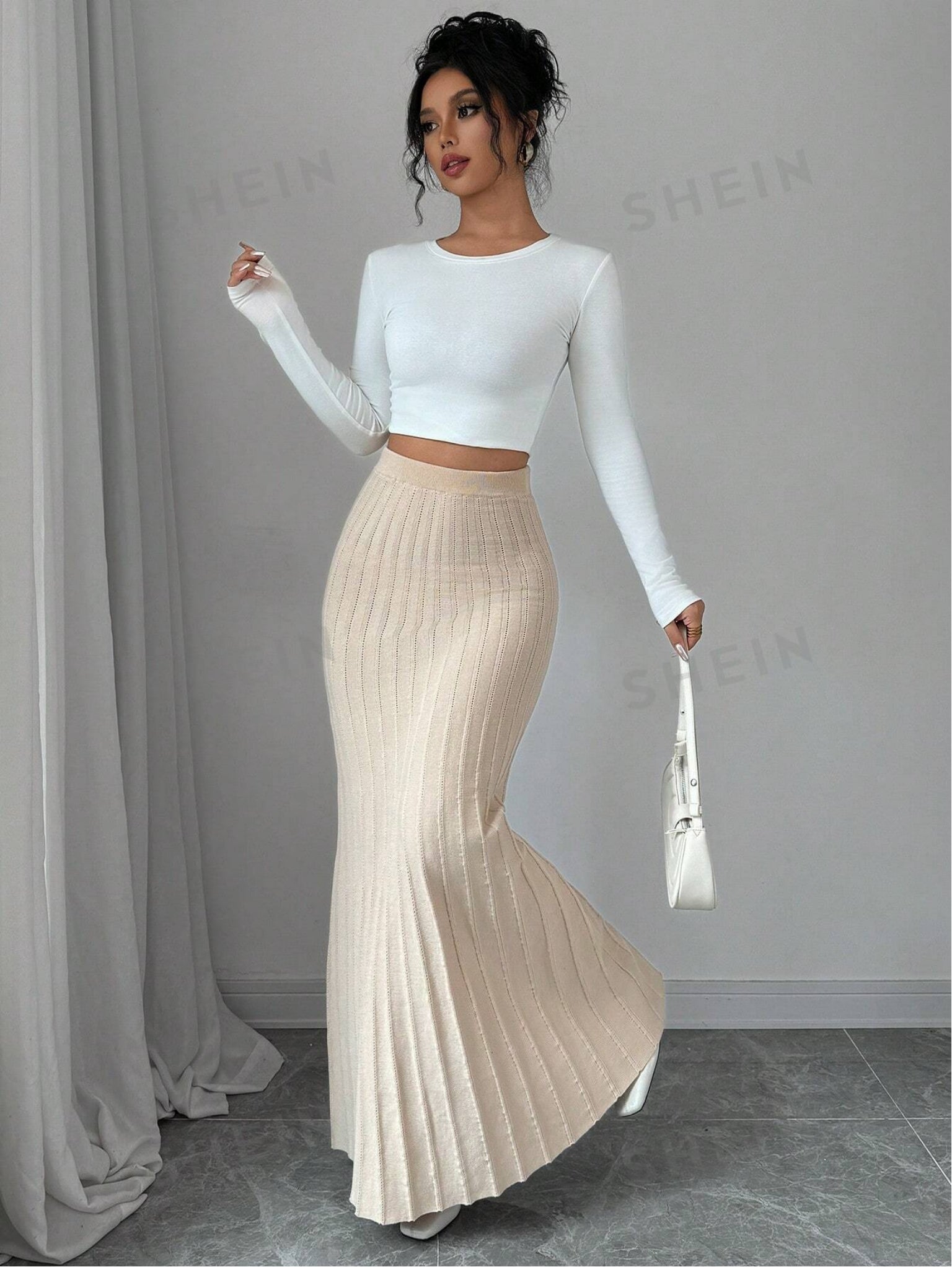 High Waisted Ribbed Knit Maxi Skirt