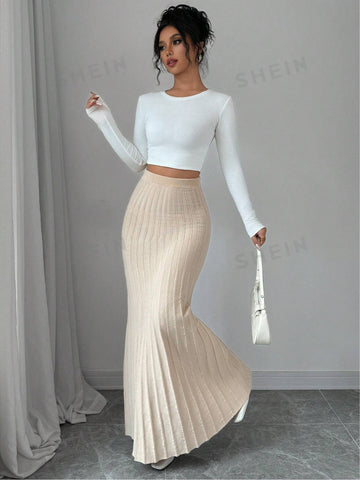 High Waisted Ribbed Knit Maxi Skirt