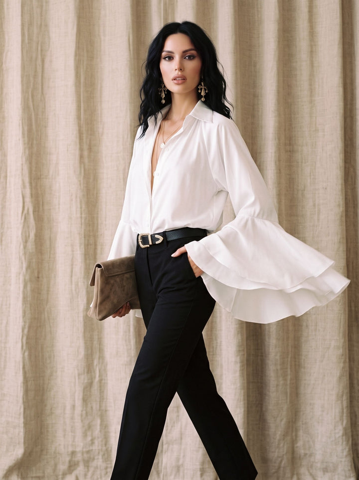 Dramatic Flared Sleeve Satin Button Shirt