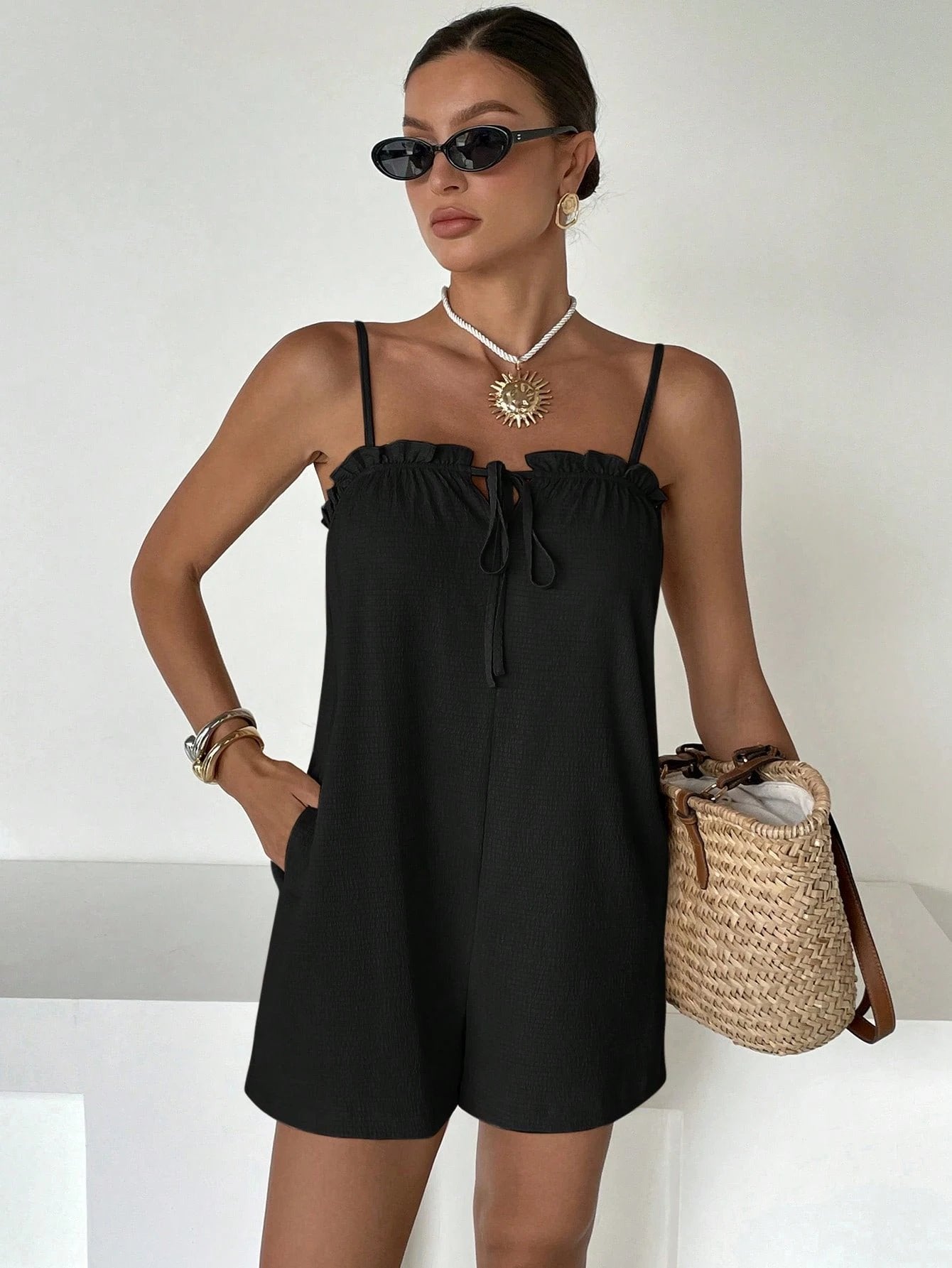 Spaghetti-Strap Ruffled Bodice Tie-Neck Vacation Romper-Black