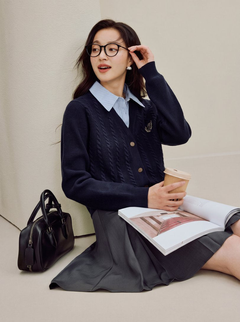 Preppy Cable Knit V Neck Cardigan