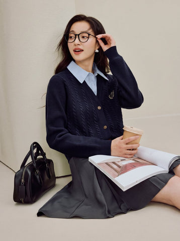 Preppy Cable Knit V Neck Cardigan