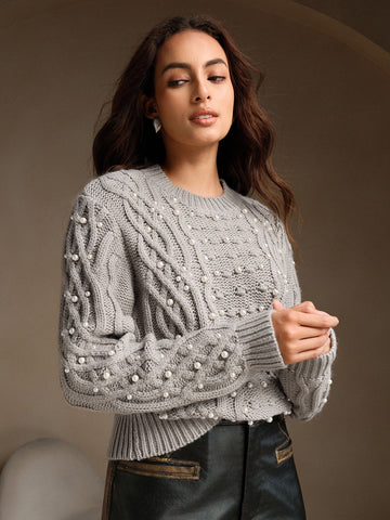Beaded Cable Knit Pullover Sweater