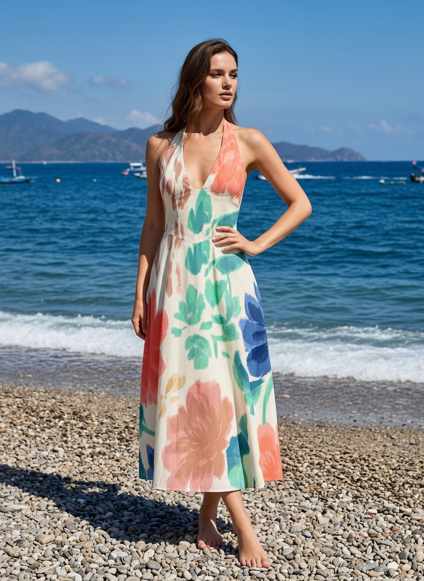 Floral Print Halter Neck Tie Back Midi Dress