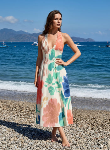 Floral Print Halter Neck Tie Back Midi Dress