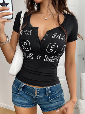Henley Neck Graphic Print T-Shirt