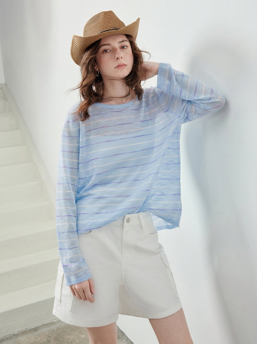 Sheer Lightweight Striped Knit Sweater