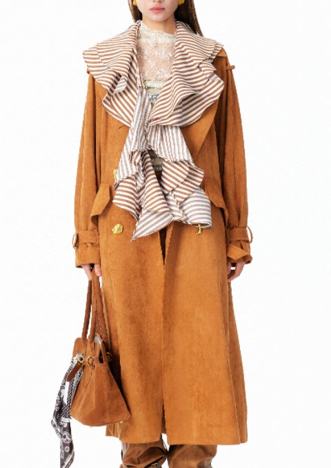 Ruffled Suede Trench Coat