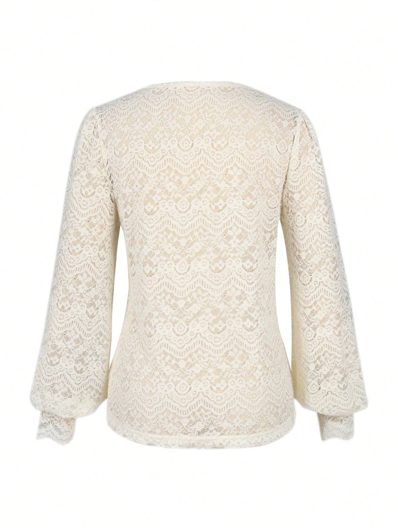 Lon Sleeve Floral Lace V Neck Sexy Blouse-Apricot