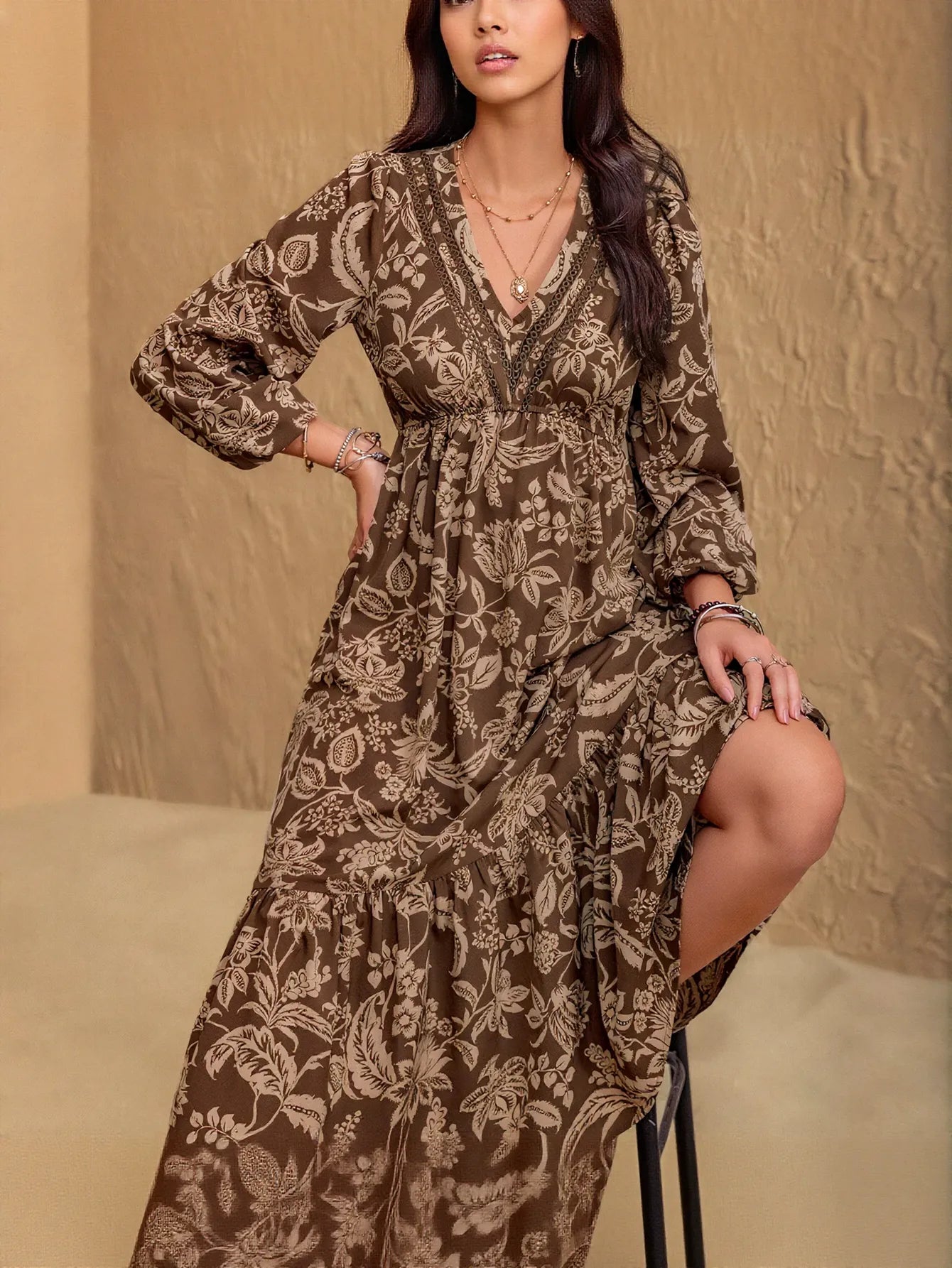 Boho Floral V Neck Midi Dress
