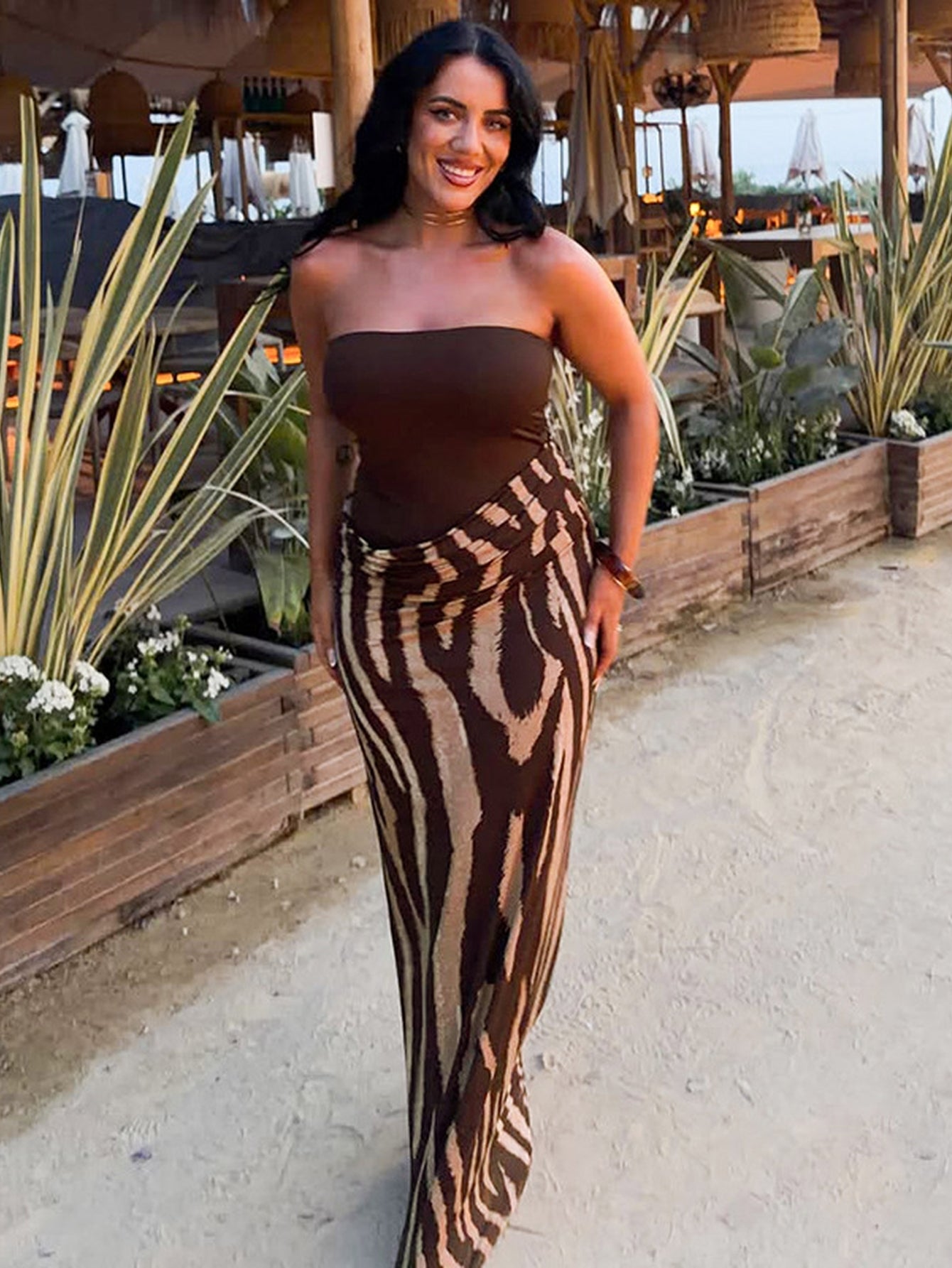 Strapless Zebra Print Bodycon Maxi Dress