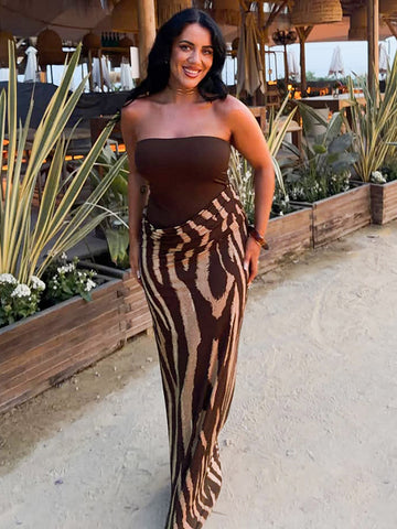 Strapless Zebra Print Bodycon Maxi Dress