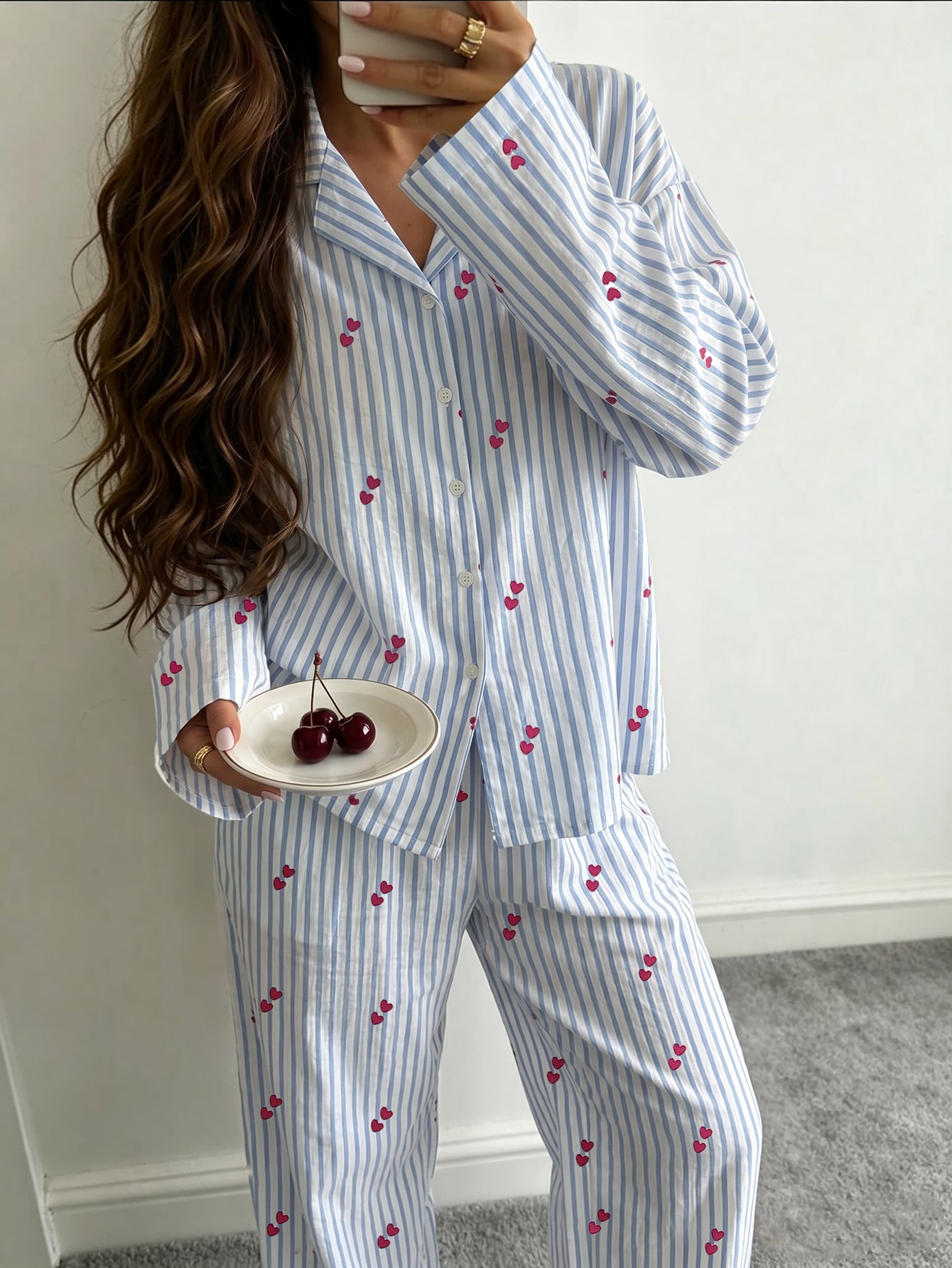 Soft Striped Heart Print Pajama Set