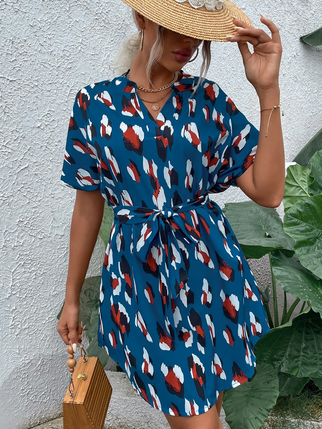 Printed Belted V Neck Dress