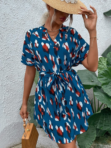 Printed Belted V Neck Dress
