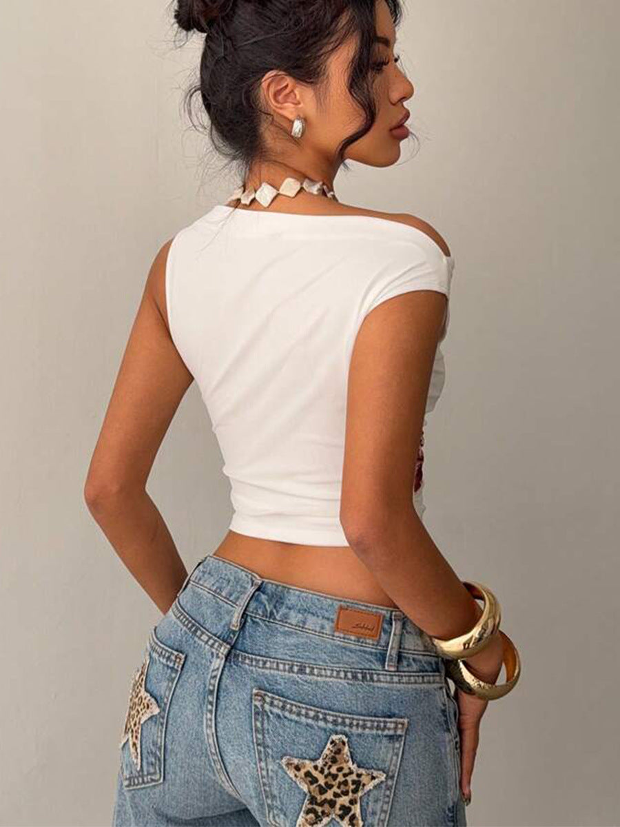 Floral Print One Shoulder T-Shirt