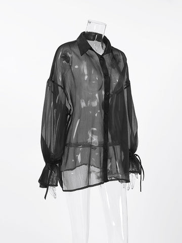 Sheer Balloon Sleeve Button Up Shirt