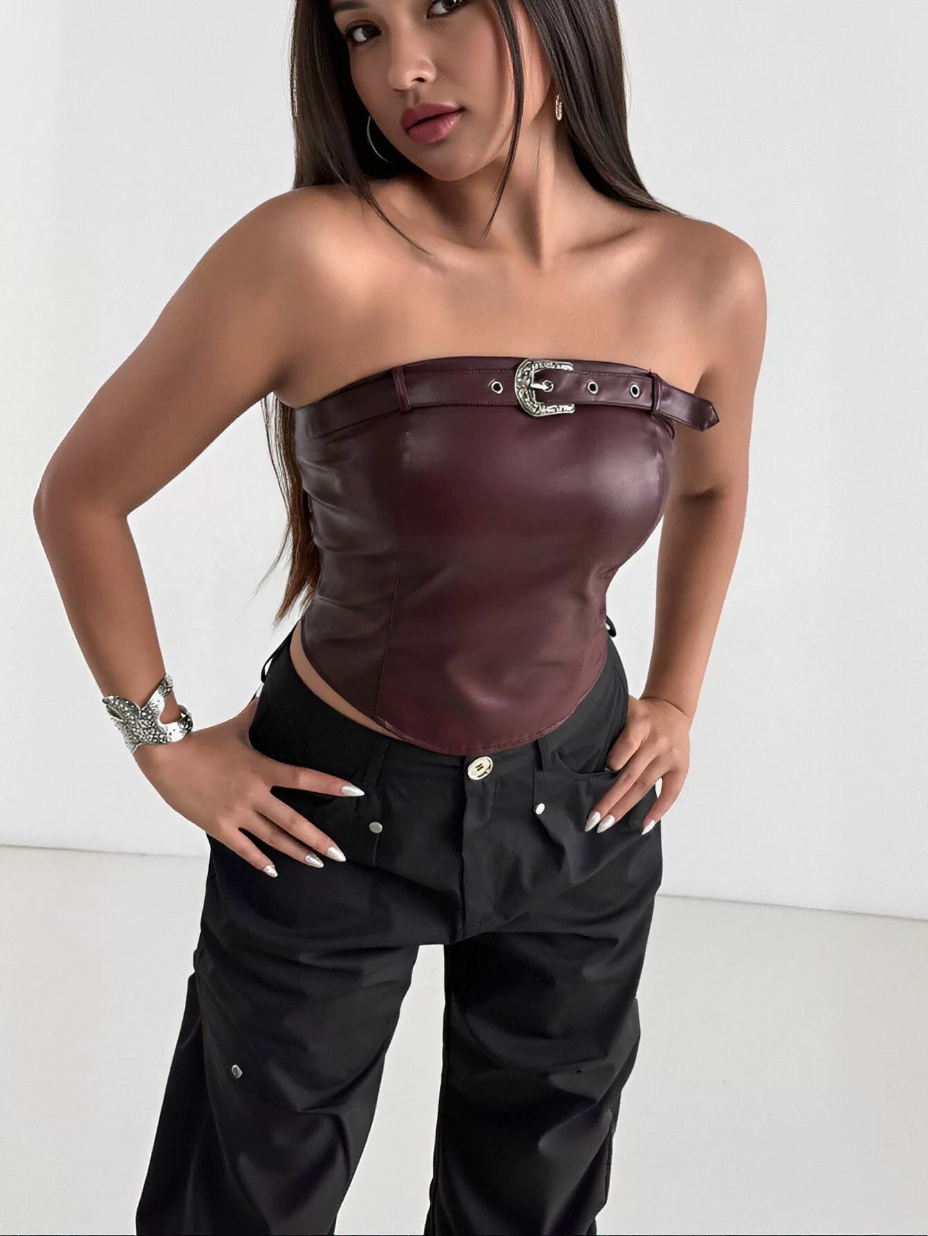 Buckled Faux Leather Strapless Tube Top