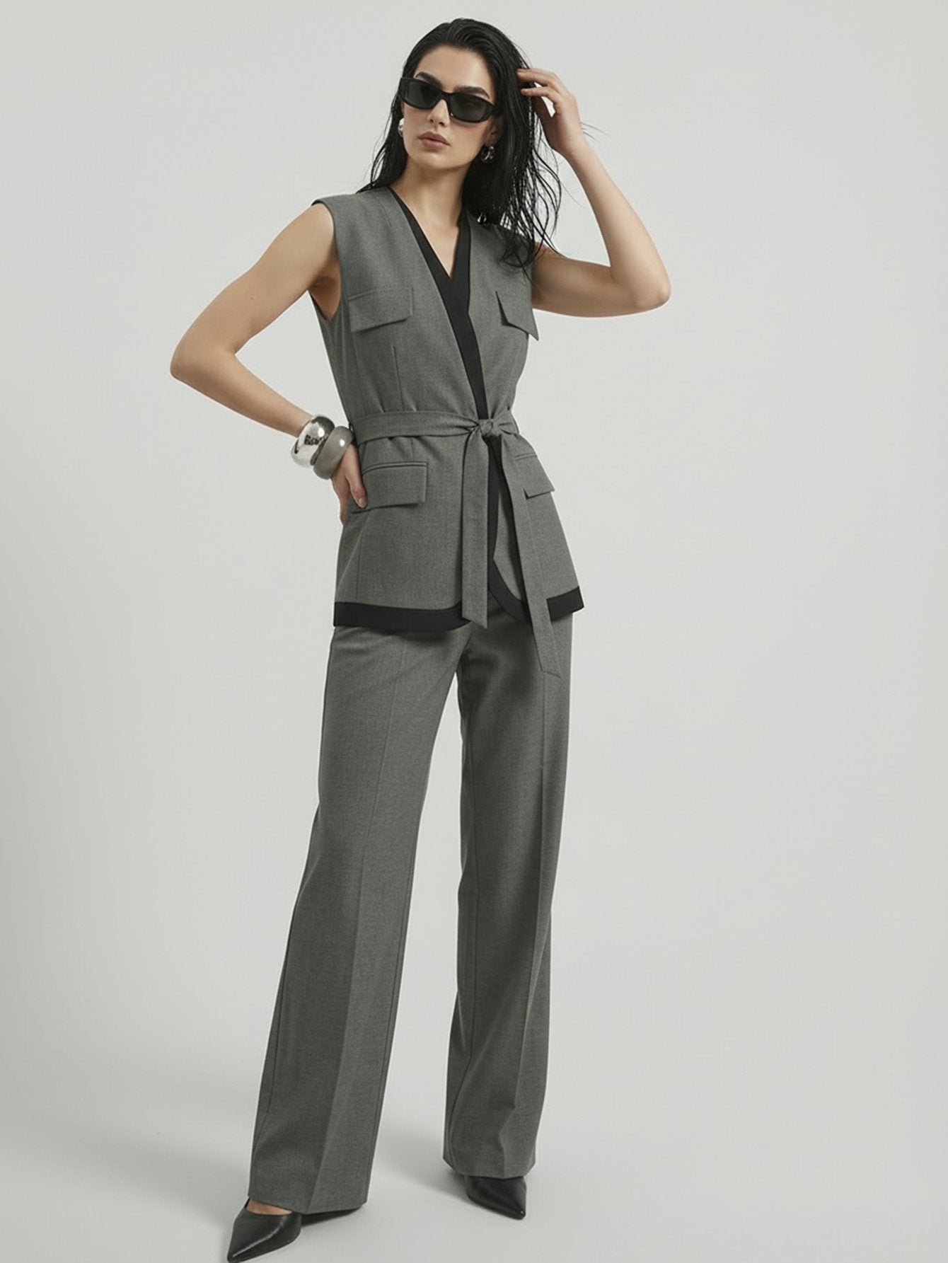 SAÏA V Neck Tie-Waisted Business Suit-Gray