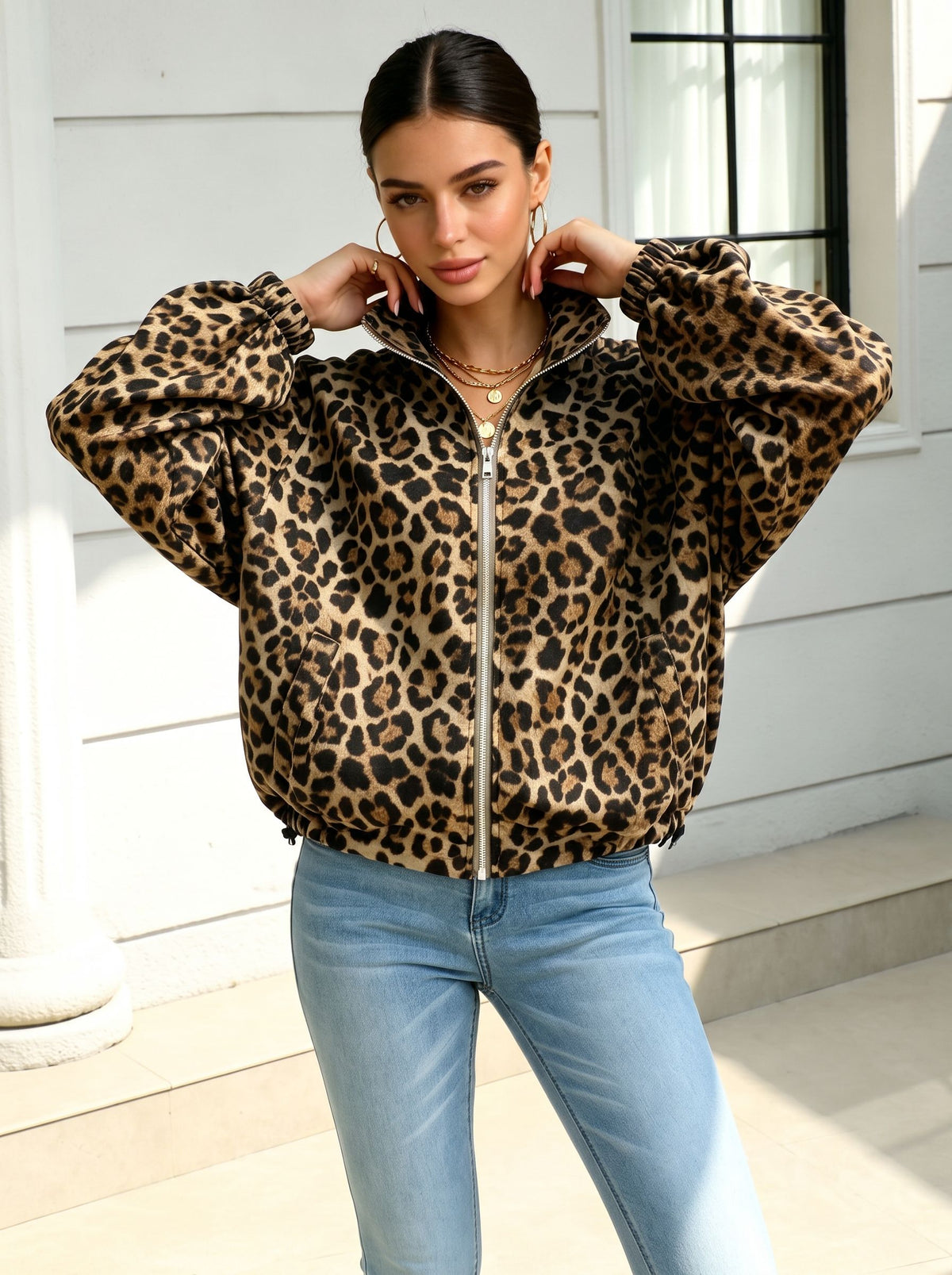 Leopard Print Zip Up Jacket