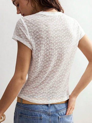 Sheer Lace Graphic Print T-Shirt