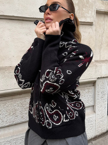 Boho Paisley Print Zip Cardigan