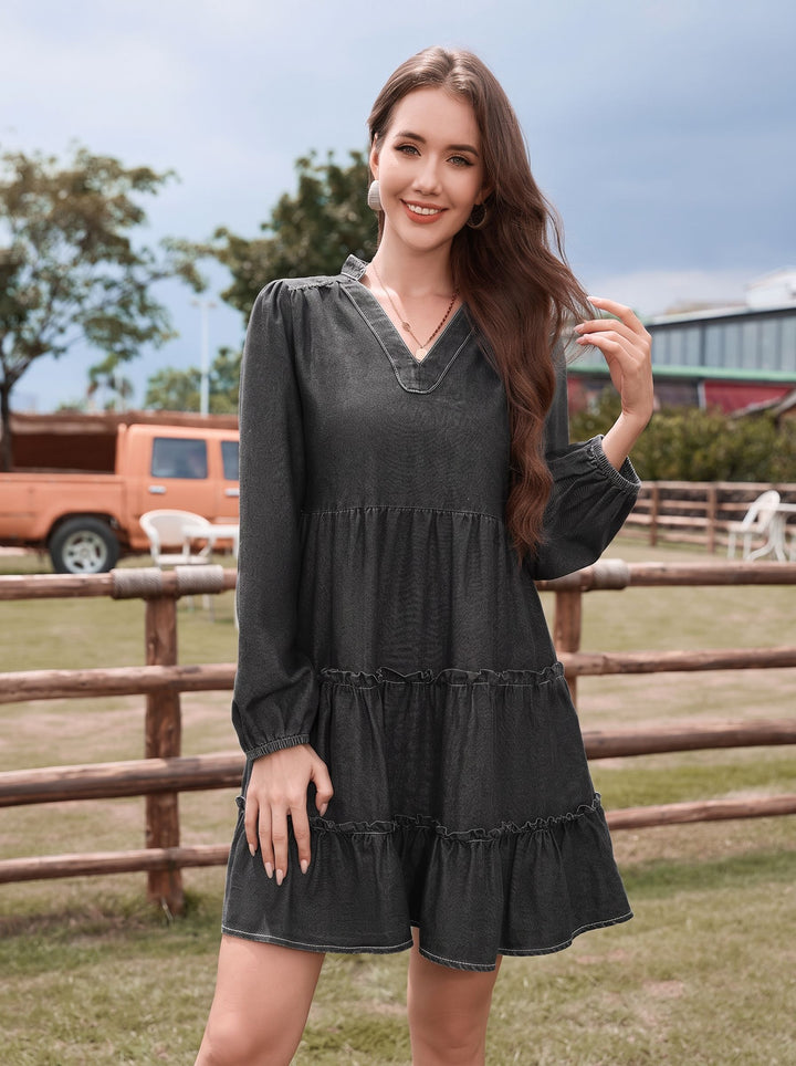 Casual V Neck Tiered Denim Dress