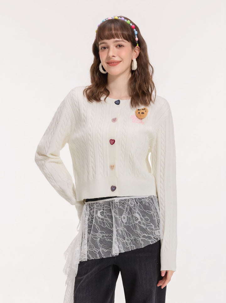 Cute Teddy Embroidered Cable Knit Cardigan
