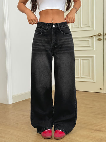 High Rise Washed Black Wide Jeans