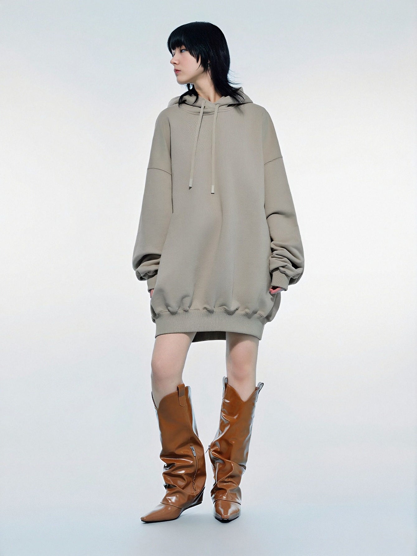 Urban Revivo Drop Shoulder Sleeve Hooded Balloon Dress-Natural