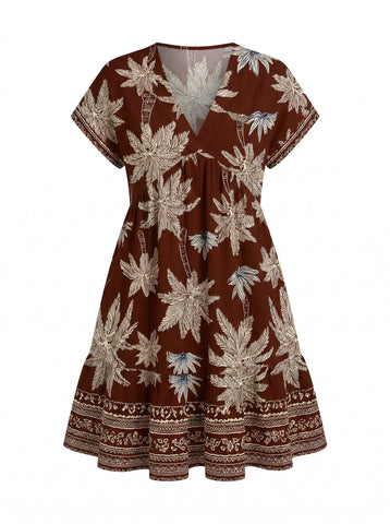 Floral Print V Neck Tiered Babydoll Mini Dress