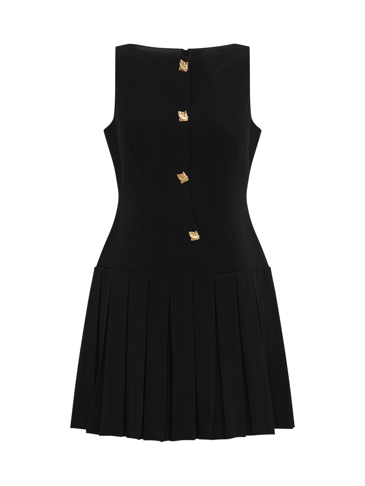 Gold Button Pleated Mini Dress