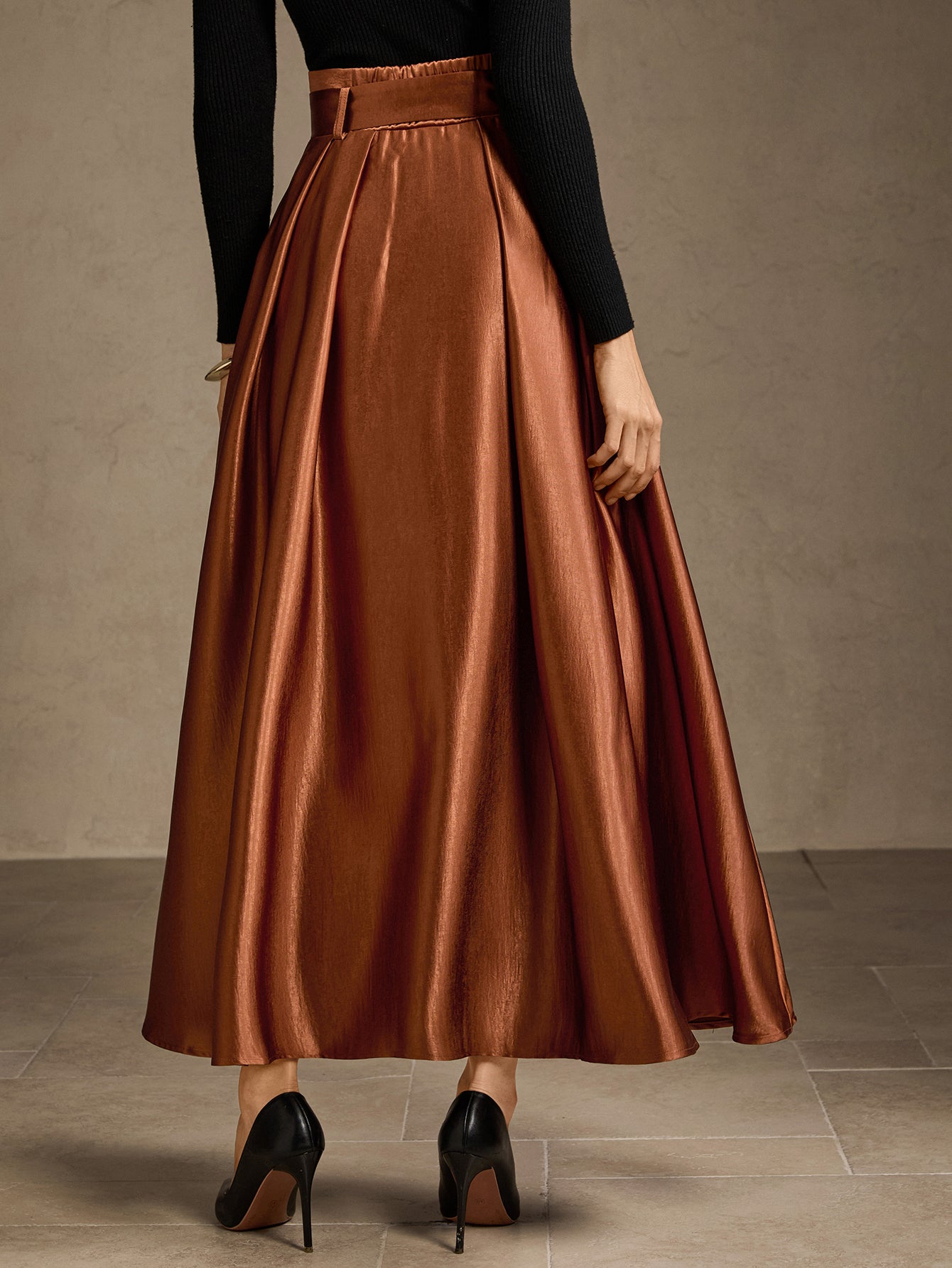 High Waisted Pleated Satin Midi Skirt