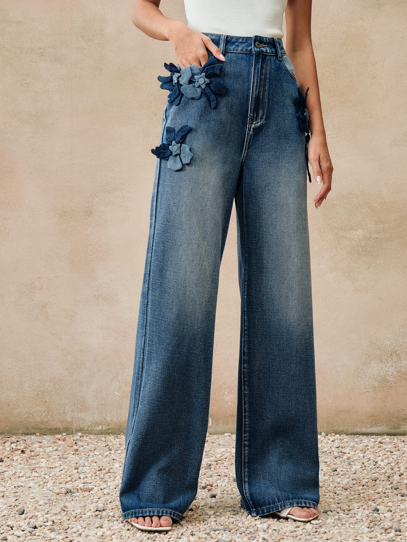 Floral Applique High Waisted Wide Jeans