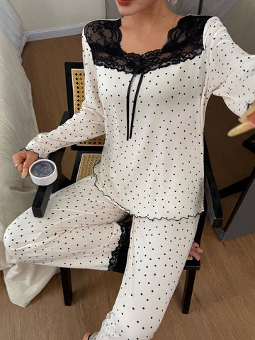 Lace Trim Polka Dot Pajama Set