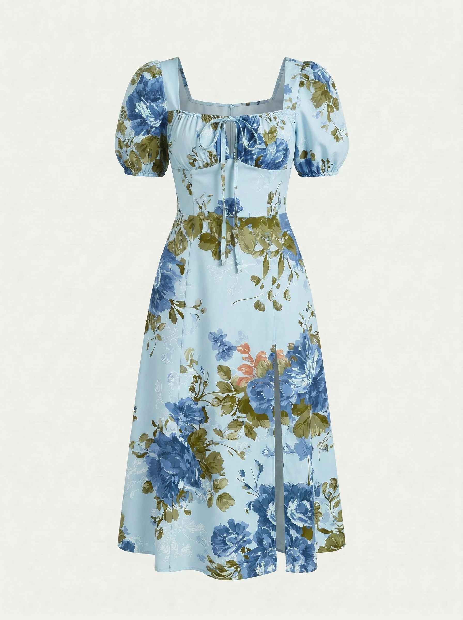 Floral Print Puff Sleeve Tie MidiDress