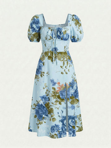 Floral Print Puff Sleeve Tie MidiDress