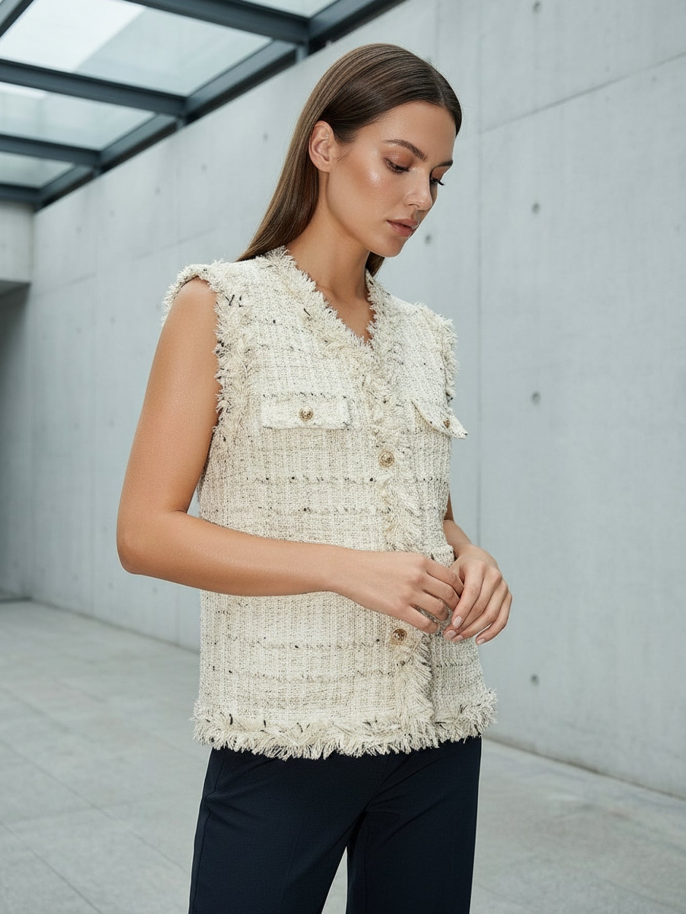 Urban Revivo V-Neck Flap Pocket Raw Hem Tweed Vests-Off White