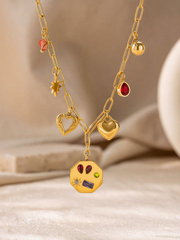 Charming Multi Charm Gold Paperclip Necklace