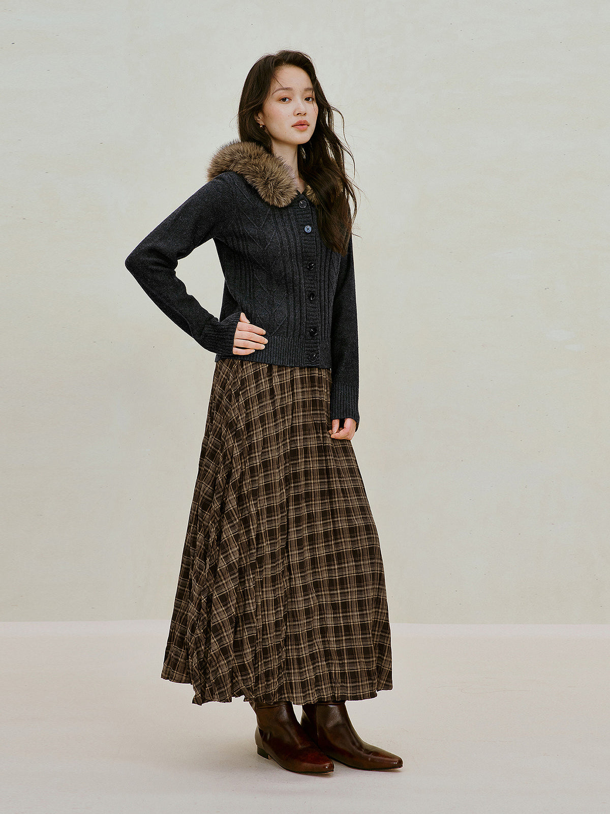Detachable Faux Fur Trim Wool Cardigan