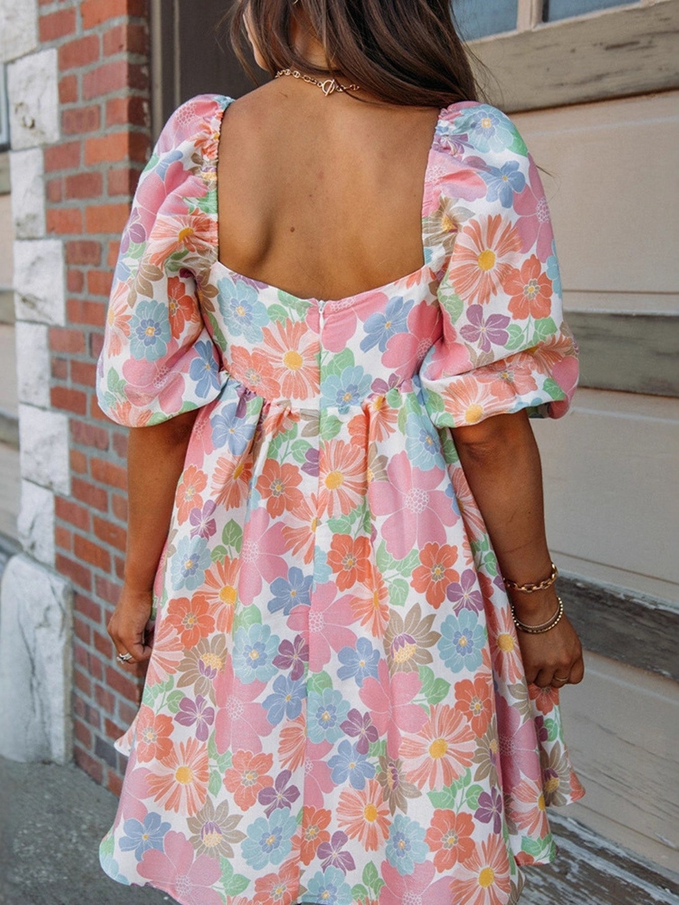 Square Neck Floral Print Elegant Mini Dress