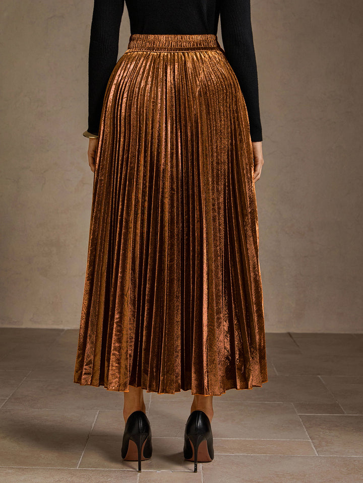 Metallic Pleated High Waisted Midi Skirt