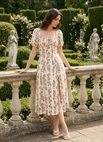 Floral Print Puff Sleeve Tie MidiDress