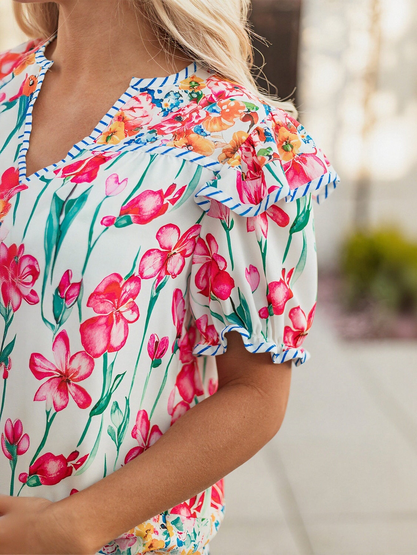 V Neck Floral Print Blouse