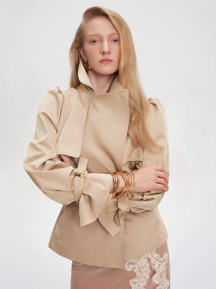 Puff Sleeve Belted Cropped Trench Coat