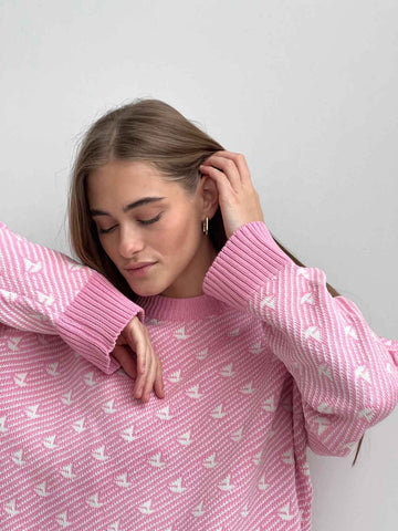 Oversized Pink Boat Print Sweater