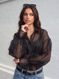 Sheer Balloon Sleeve Button Up Shirt