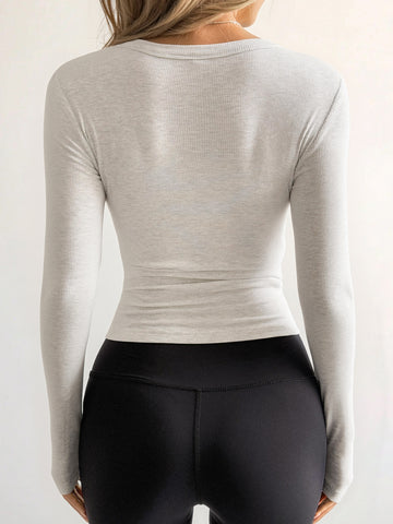 Deep V-Neck Long Sleeve Ribbed Casual T-Shirt